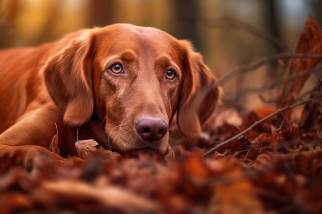 Un perro tirado en hojas en el bosque.