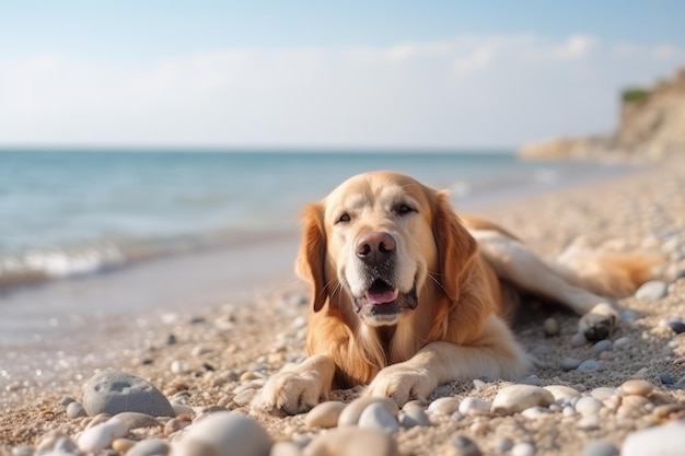 Un perro tirado en una playa con el mar de fondo