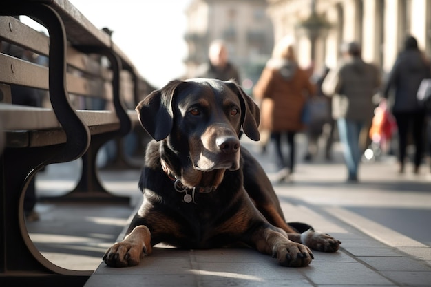 Un perro tirado en el suelo en una ciudad.