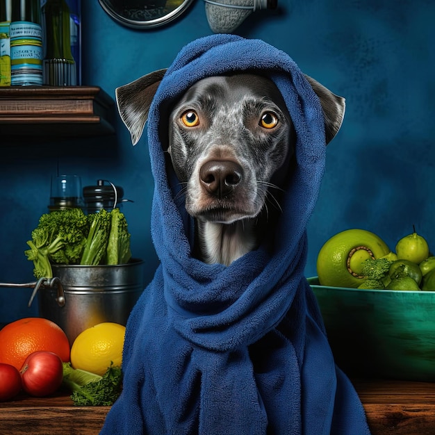 un perro con una toalla azul con frutas y verduras al estilo de un retrato vívido