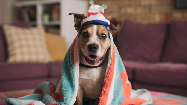 Foto un perro en una toalla de baño o un sombrero gracioso americano stafford