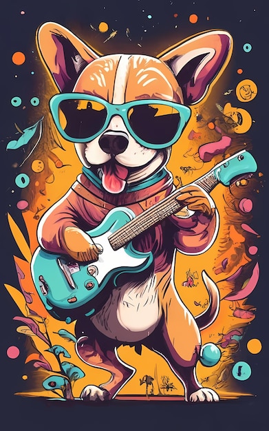 Un perro tocando una guitarra.