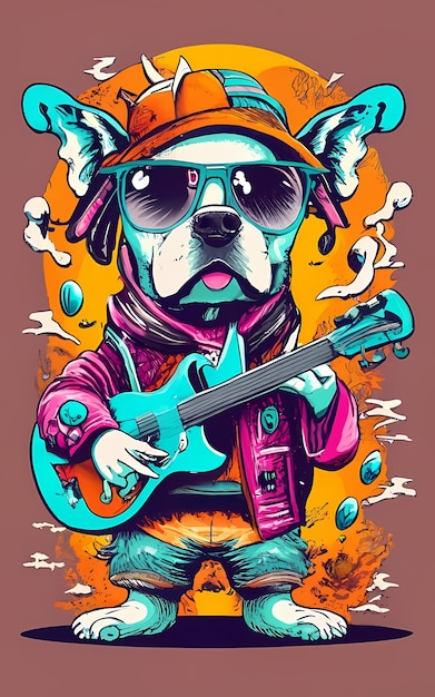 Un perro tocando una guitarra.