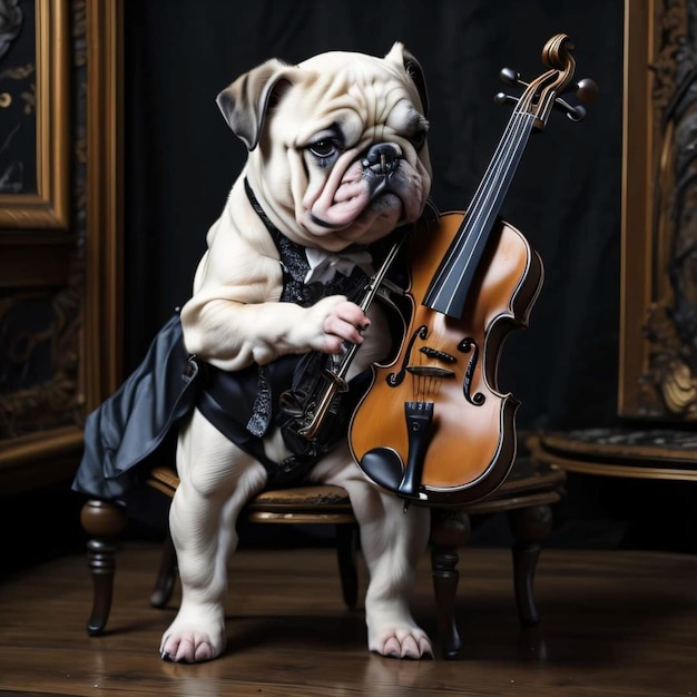 Un perro tocando un violín con un arco.