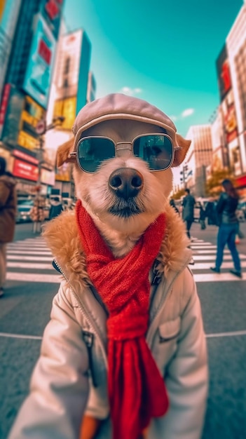 Perro se toma una selfie en un viaje a Japón en Tokio IA generativa