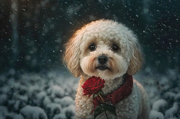 Un perro en una tormenta de nieve con un lazo rojo en el cuello