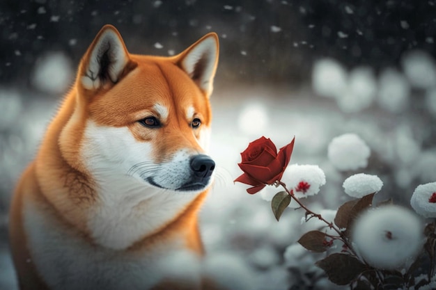 Un perro en una tormenta de nieve con una rosa roja.