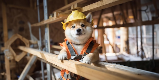 Foto perro trabajador niño jugando con un perro perro está tratando de construir una casa