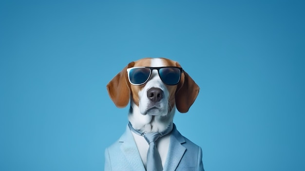 Un perro con traje azul y gafas de sol.