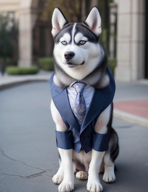 Un perro con traje y corbata que dice husky.