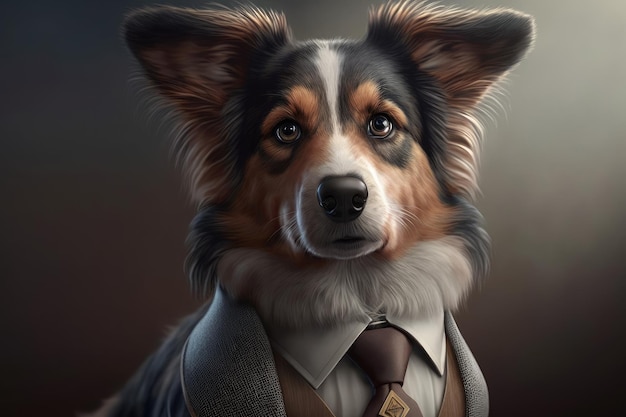 Un perro con traje y corbata que dice 'soy un border collie'