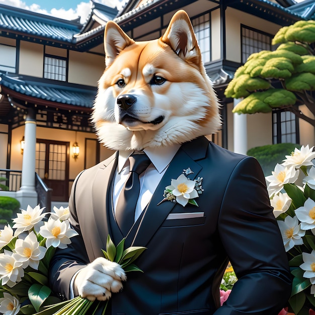 un perro con un traje y corbata sosteniendo flores frente a una casa