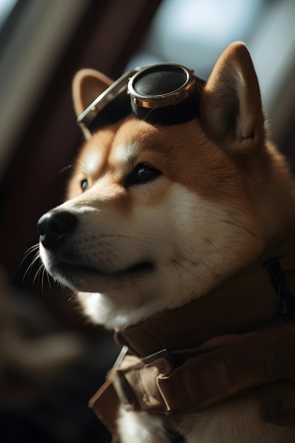 Foto perro con traje de corgi y gafas en la cabeza