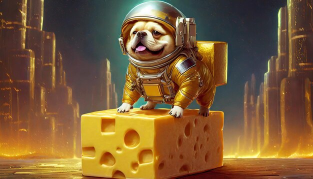 un perro en un traje espacial con un casco y un queso que dice "pug"