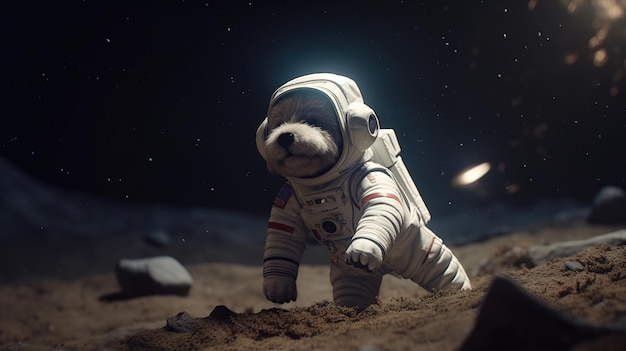 Un perro en traje espacial en la luna.