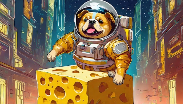 un perro en un traje espacial con queso y un perro en él