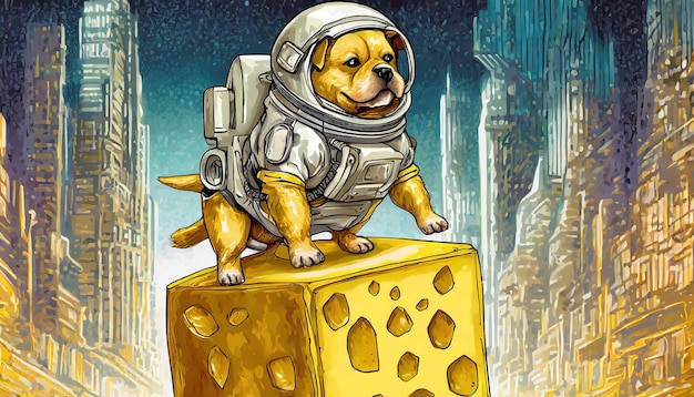 un perro con un traje espacial en un queso que dice "citación de espacio"