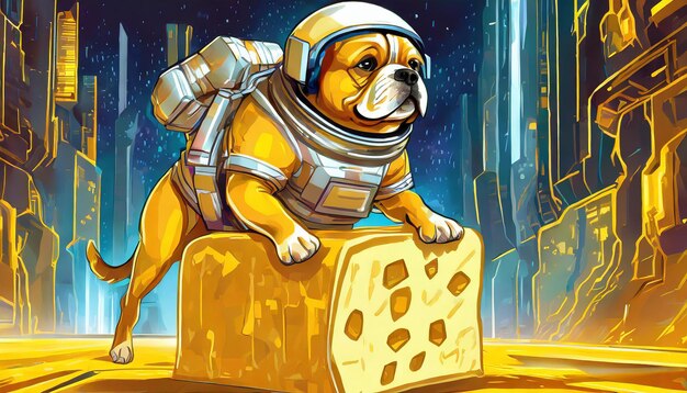 un perro en un traje espacial con un traje espacial en la espalda