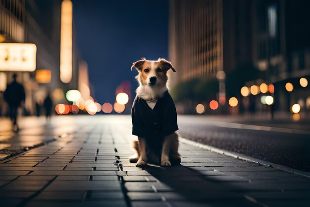 un perro con un traje está sentado en una acera de la ciudad por la noche.