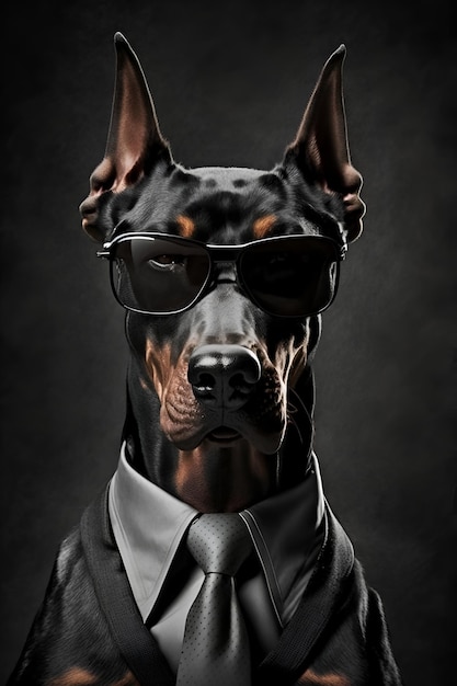 Un perro con traje y gafas de sol que dice doberman.