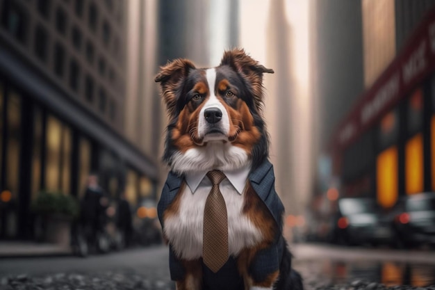 Perro con traje de negocios posando en la ciudad AI