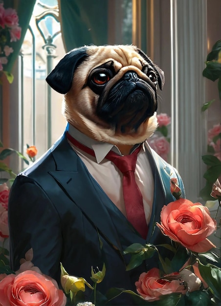 Foto un perro con un traje con una rosa rosa en el fondo