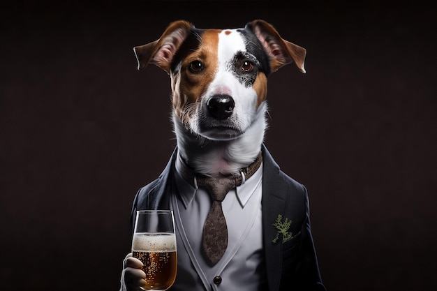 Foto un perro con traje sostiene un vaso de cerveza.