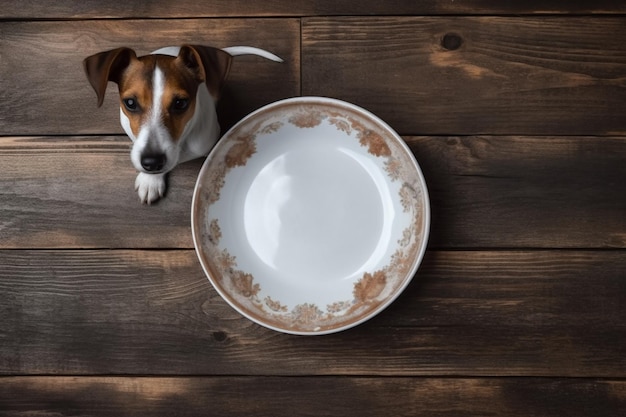 El perro trata de comer de un plato de cerámica vacío en una vieja mesa de madera cepillada de época con concepto de vista superior blanca