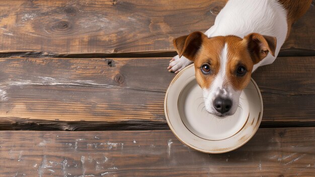 Foto el perro trata de comer de un plato de cerámica vacío vista superior concepto de comer