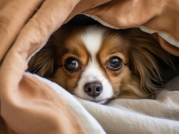 Perro travieso asomando desde un confortable fuerte de mantas