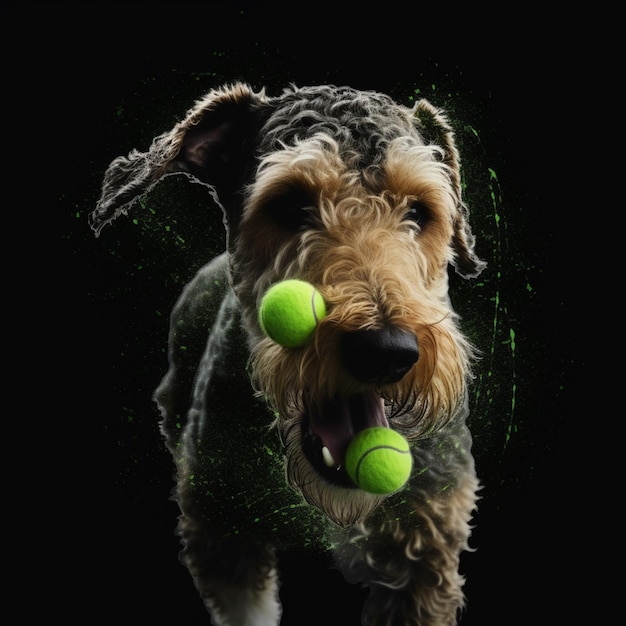 Un perro con tres pelotas de tenis en la boca.