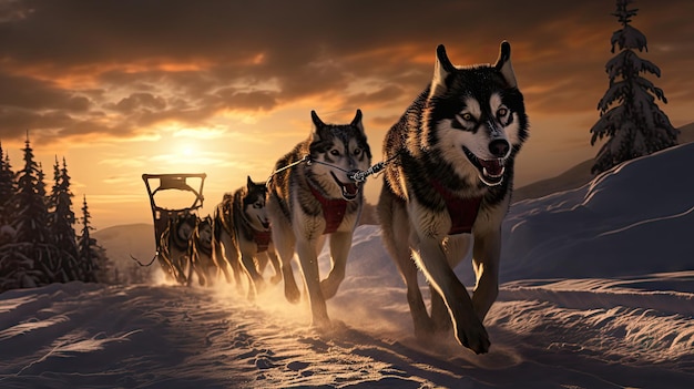 El perro de trineo Husky siberiano conduce un trineo a través de un bosque cubierto de nieve invernal creado con tecnología Generative Al