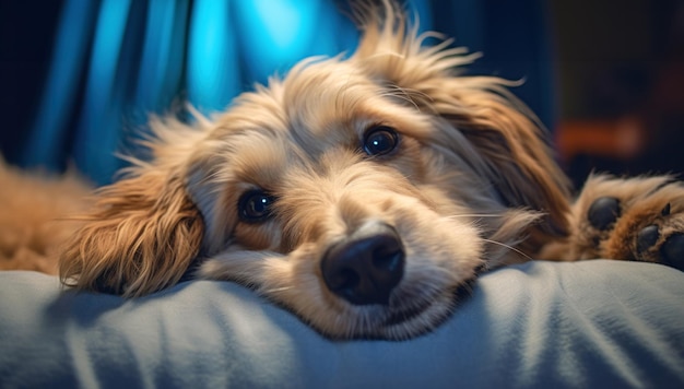 Perro triste en una cama con cara triste concepto de meme de primer plano