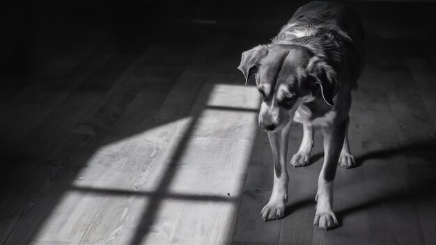 Foto el perro triste se para en el suelo.