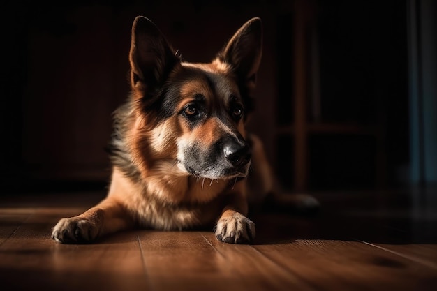 Un perro triste y temeroso yace en un piso de madera dura