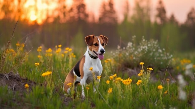 Un perro se para en un tronco en el bosque.