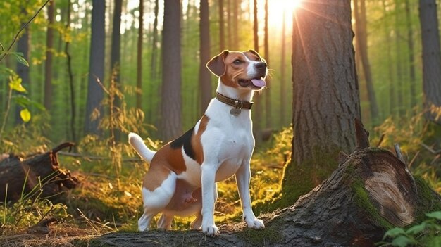 Un perro se para en un tronco en el bosque.