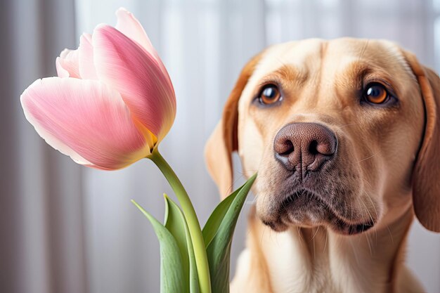 Perro con un tulipán