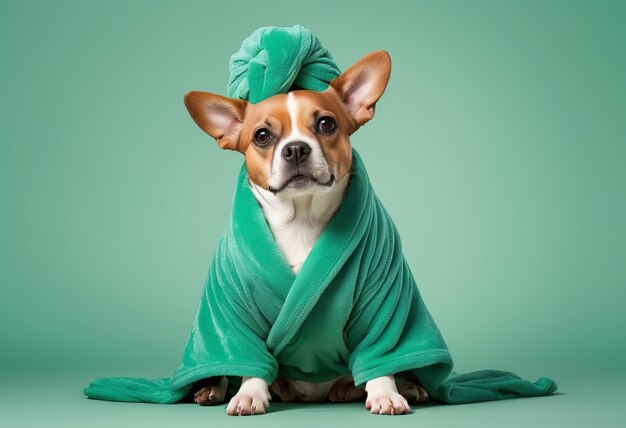 un perro con una túnica verde con un fondo verde