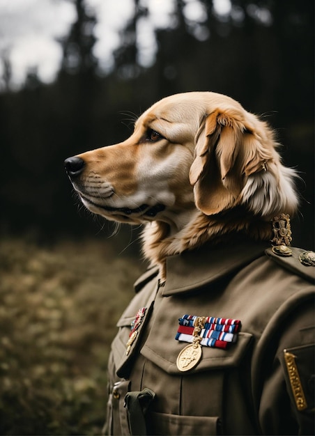 un perro con un uniforme militar con las medallas en él