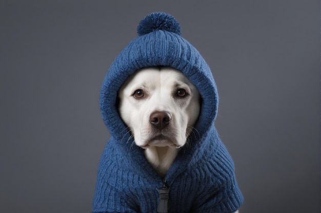 Foto un perro está usando un suéter azul