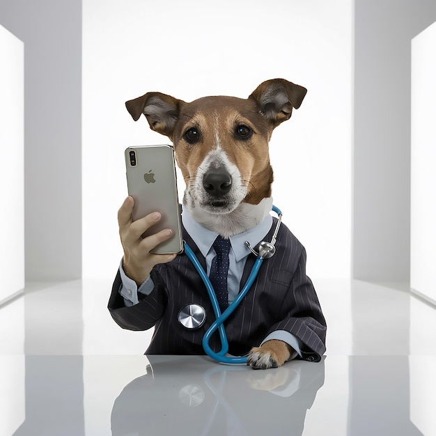 Foto un perro usando el teléfono