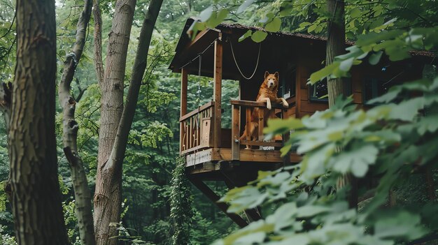 Foto un perro valiente de pie en el porche de una casa en el árbol mirando hacia el bosque