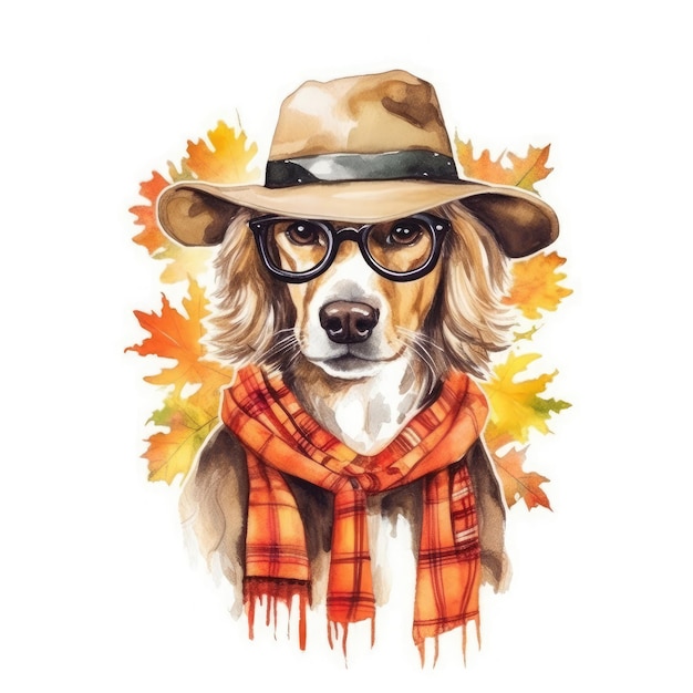 Perro vaquero retro de otoño con gafas y ropa sobre fondo blanco