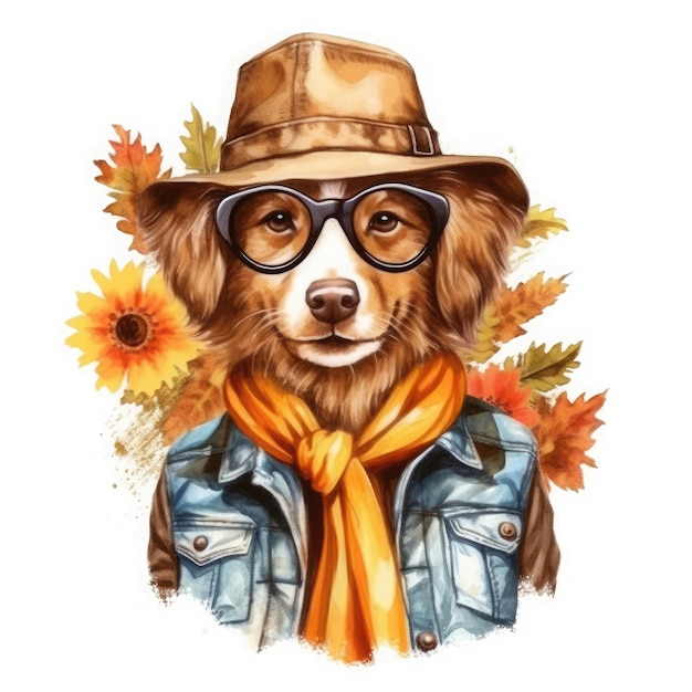 Perro vaquero retro de otoño con gafas y ropa sobre fondo blanco