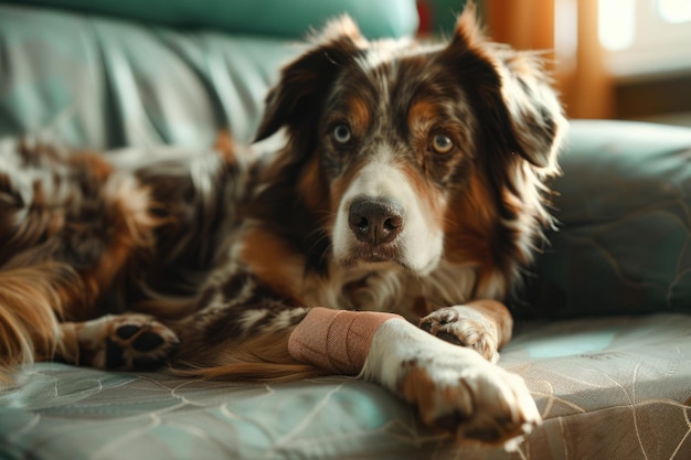 El perro con un vendaje en la pata yace en el sofá en casa