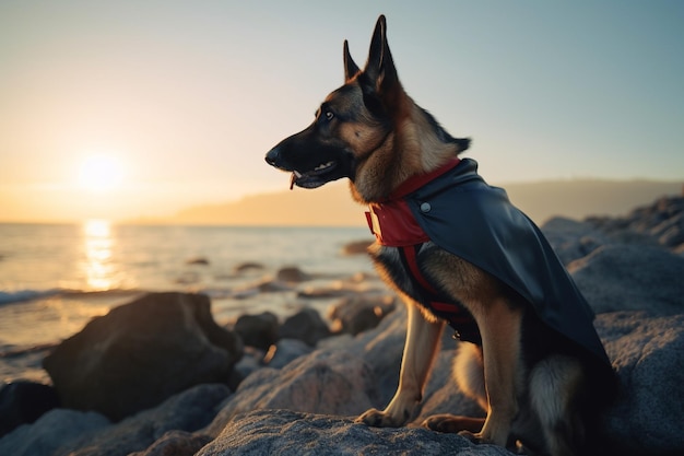 Perro vestido con un disfraz de héroe Ilustración generativa de IA