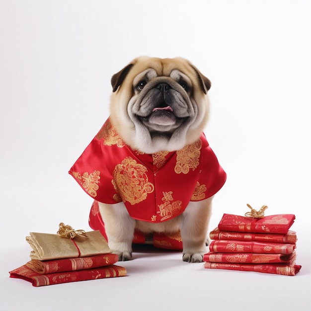 Un perro con un vestido rojo chino junto a unos libros.