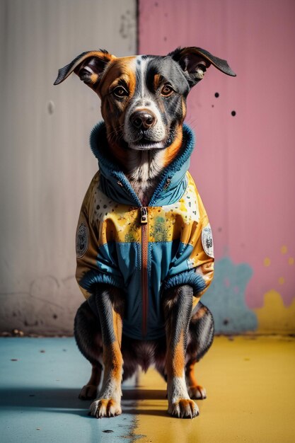 Foto perro vestido sentado bajo la pared de fondo de color lindo fondo de pantalla de fotografía hd