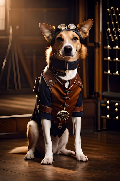 Un perro vestido con Steampunk se sienta en el suelo.